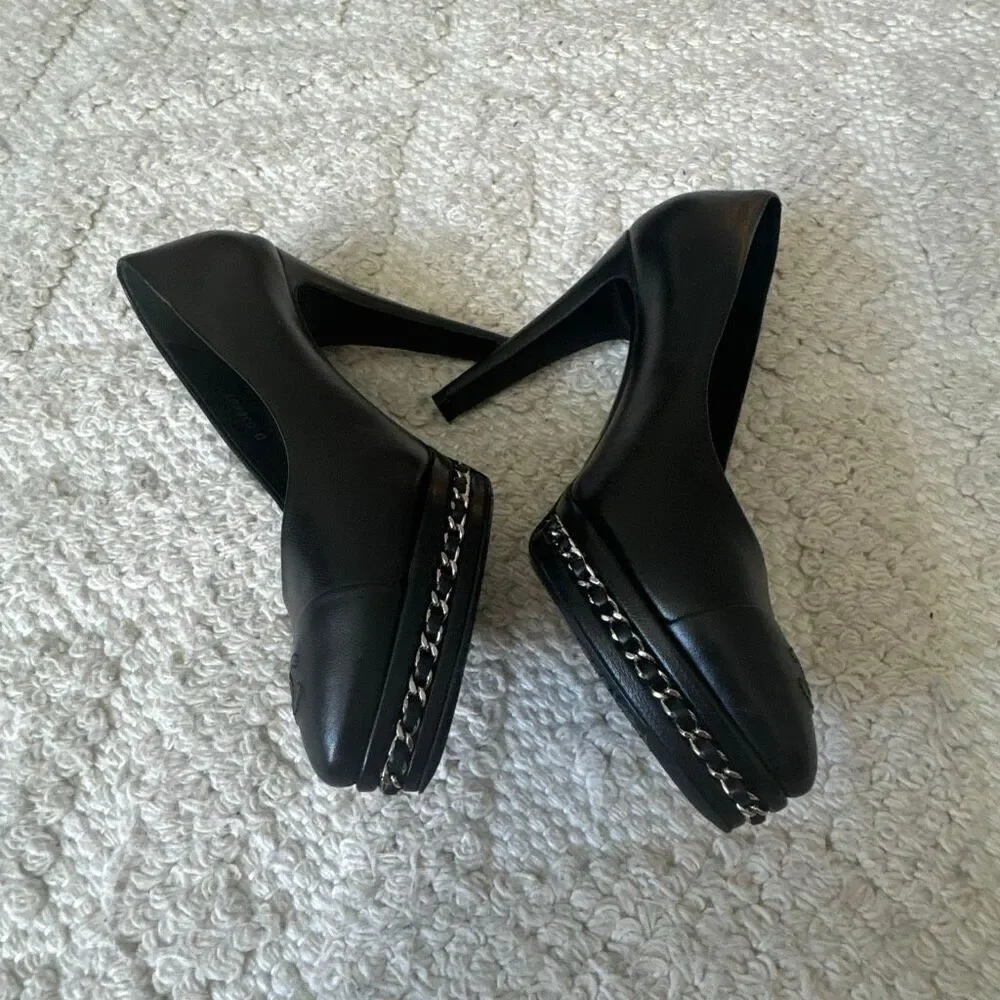 Chanel Lambskin CC Cap Toe Platform Chain Pumps size 36.5 Black